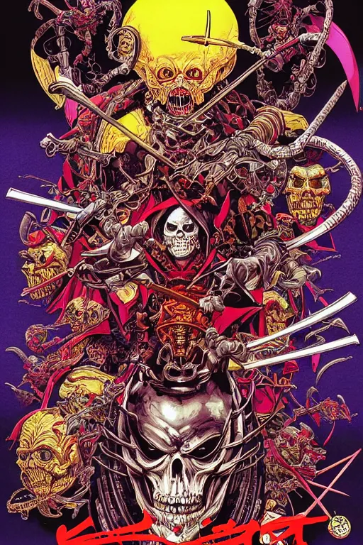 Image similar to poster of crazy skeletor samurai, by yoichi hatakenaka, masamune shirow, josan gonzales and dan mumford, ayami kojima, takato yamamoto, barclay shaw, karol bak, yukito kishiro