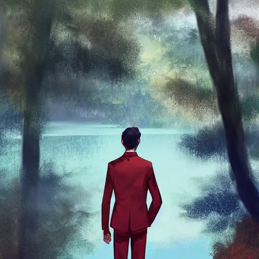 Image similar to stoic young man with red tipped hair that is otherwise green wearing a cream colored suit shedding a single tear standing before a lake in an autumnal forest, digital art, oil painting inspiration, yoji shinkawa inspiration, anime inspiration, artstation