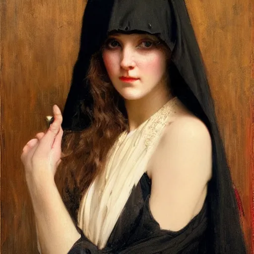 Image similar to portrait of a young women wearing a black cloak with a skull for a face, ultra realistic and highly detailed painting by gaston bussiere and j. c. leyendecker 8 k