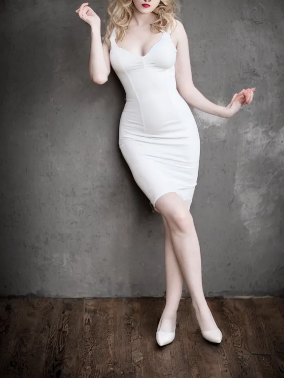 Image similar to 2 8 mm studio photo of gorgeous seductive emily skinner cosplaying annie leonhart wearing tight white dress, beautiful face, pale skin, rule of thirds, cinematic lighting, sharp focus, backlit, stunning, smooth, hard focus, glamour pose, full body shot