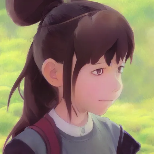 Image similar to portrait of a child with brown wavy pigtails and green eyes, forest background, highly detailed, digital painting, artstation, matte, by makoto shinkai, animation style, studio ghibli, anime key visual