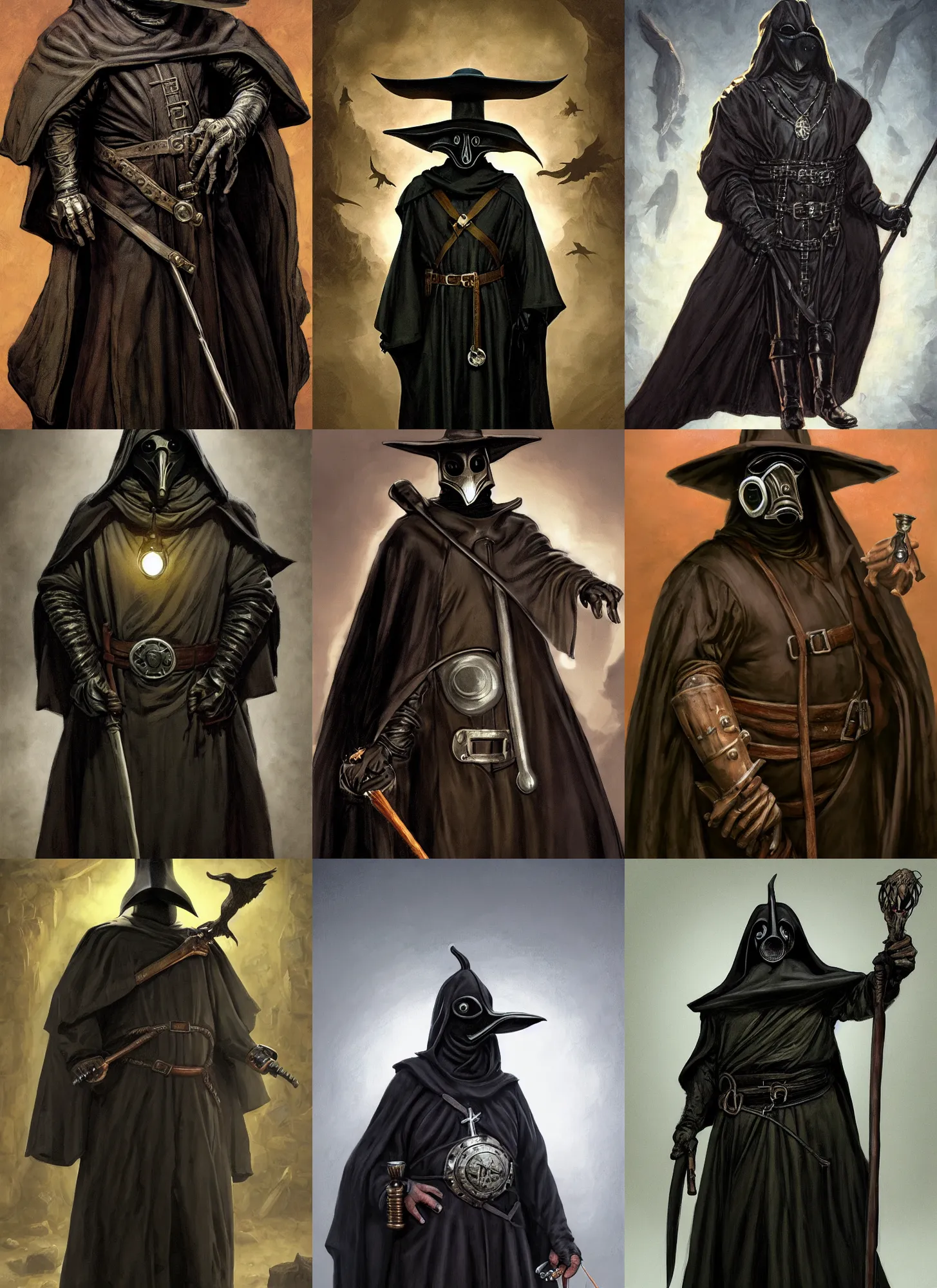 Prompt: a portrait, a plump amphibious humanoid wearing a pointy bird style black plague doctor mask, short in stature, wearing black medieval robes, medical doctor, small vials and pouches on belt, style by donato giancola, wayne reynolds, jeff easley dramatic light, high detail, cinematic lighting, artstation, dungeons and dragons