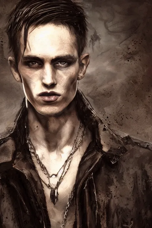 Image similar to a rough looking young man, very short brown hair, gothic, tattered leather coat, intricate, elegant, dramatic lighting, gorgeous face, highly detailed, lifelike, photorealistic, digital painting, artstation, illustration, concept art, smooth, sharp focus, art by John Collier and Albert Aublet and Krenz Cushart and Artem Demura and Alphonse Mucha