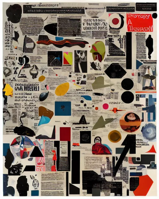 Prompt: A mid-century modern collage, made of random shapes cut from fashion and science magazines and text books, of 2001: A Space Odyssey.