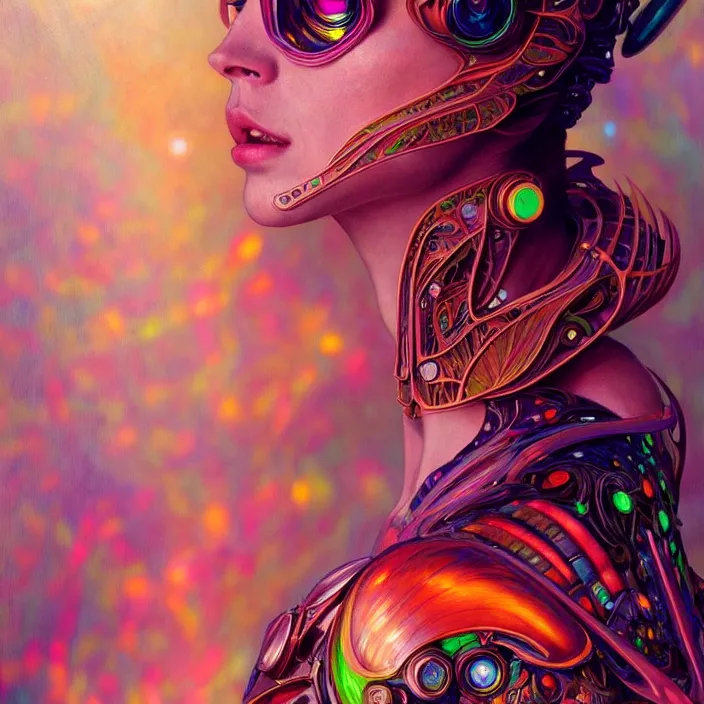 Image similar to bright psychedelic portrait of organic cyborg, wings, diffuse lighting, fantasy, intricate, elegant, highly detailed, lifelike, photorealistic, digital painting, artstation, illustration, concept art, smooth, sharp focus, art by John Collier and Albert Aublet and Krenz Cushart and Artem Demura and Alphonse Mucha