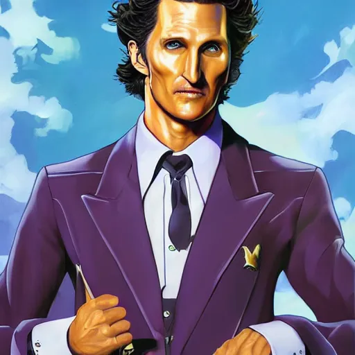 Image similar to detailed painting of Matthew McConaughey as jotaro jojo by Enzo Fernandez, trending on artstation