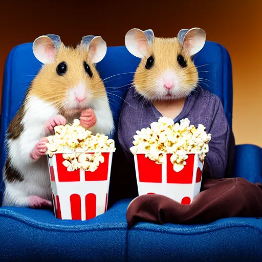 Image similar to photo of two hamsters, holding hands, bucket of popcorn next to them on a cinema seat, various poses, unedited, dim light, sharp focus, 8 k