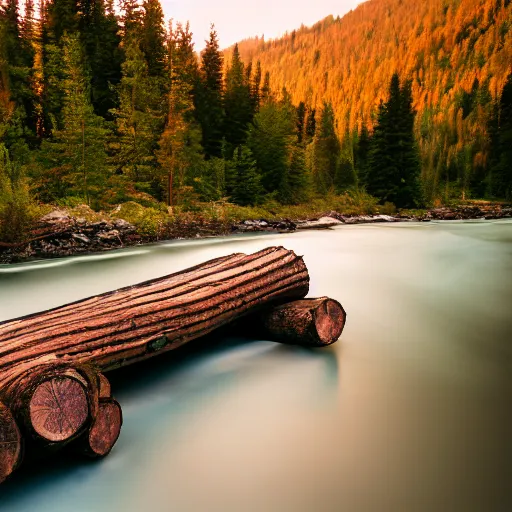 Image similar to DSLR still of a beautiful mountainside river with a pier and a log cabin at sunrise, 4k