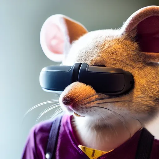 Prompt: a cute mouse wearing a vr headset, photography, 1 7 mm, f / 1 6, award wining photography, close up, soft lighting