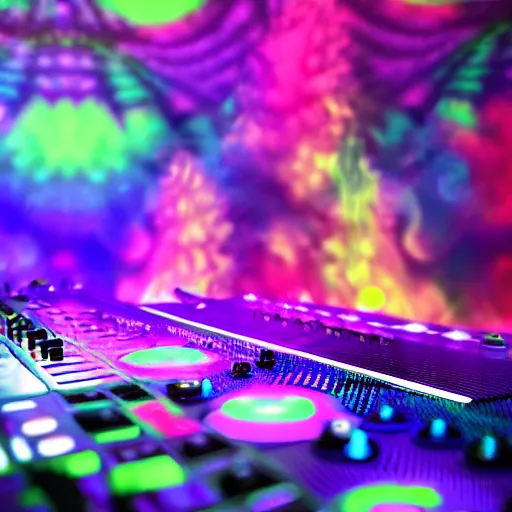 Image similar to focused shot of a wizard DJing a dance party, psychedelic colors, hyper realistic, 4k render