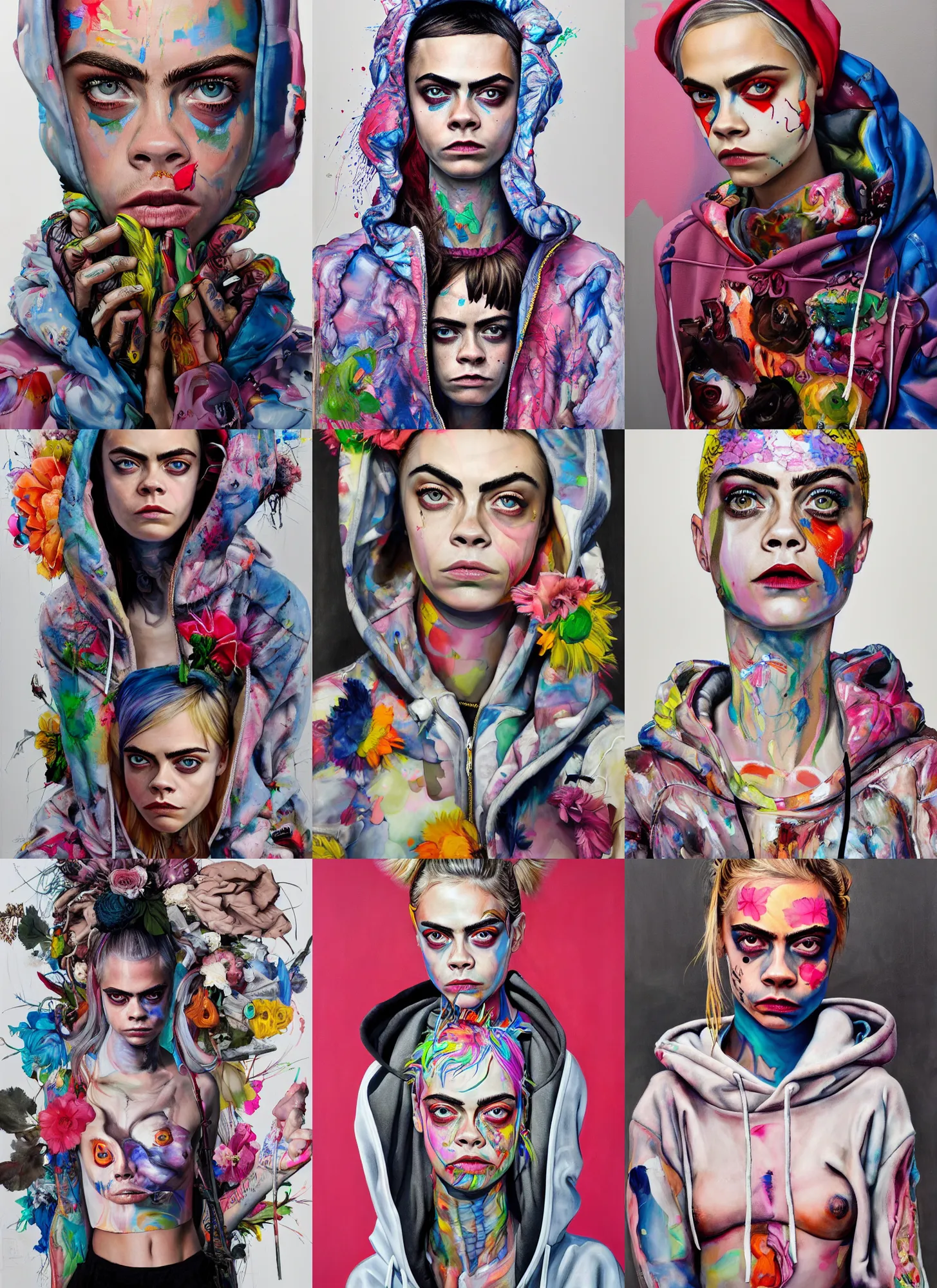 Prompt: painting by martine johanna of cara delevingne wearing a hoodie standing in a township street in the style of jenny saville, street fashion outfit, haute couture fashion shoot, full figure painting by david choe and jeremy mann, decorative flowers, 2 4 mm, die antwoord yolandi visser