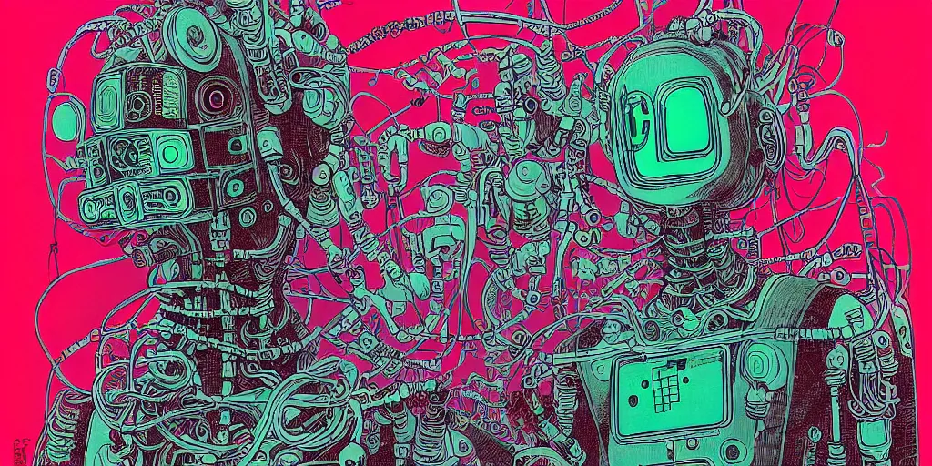 Image similar to risograph grainy drawing vintage sci - fi, antagonist girl, satoshi kon color palette, face covered with robot parts and wires, wearing futuristic scaphander with lot of wires and tentacles, robot parts around and on the background, parking lot, painting by moebius and satoshi kon and dirk dzimirsky close - up portrait