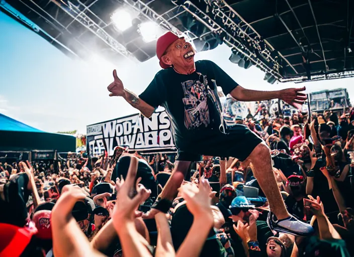 Prompt: photo still of don knotts at vans warped tour!!!!!!!! at age 5 5 years old 5 5 years of age!!!!!!! stage diving into a crowd, 8 k, 8 5 mm f 1. 8, studio lighting, rim light, right side key light