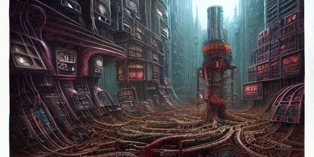 Prompt: painting of redwood forest labyrinth consuming cyberpunk metropolis in the style of steampunk by dan seagrave and john stephens