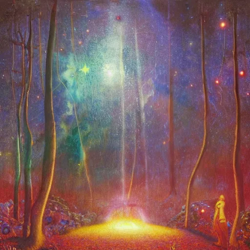 Prompt: psychedelic glowing animal eyes lush pine forest, outer space, milky way, designed by arnold bocklin, jules bastien - lepage, tarsila do amaral, wayne barlowe and gustave baumann, cheval michael, trending on artstation, star, sharp focus, colorful refracted sparkles and lines, soft light, 8 k 4 k