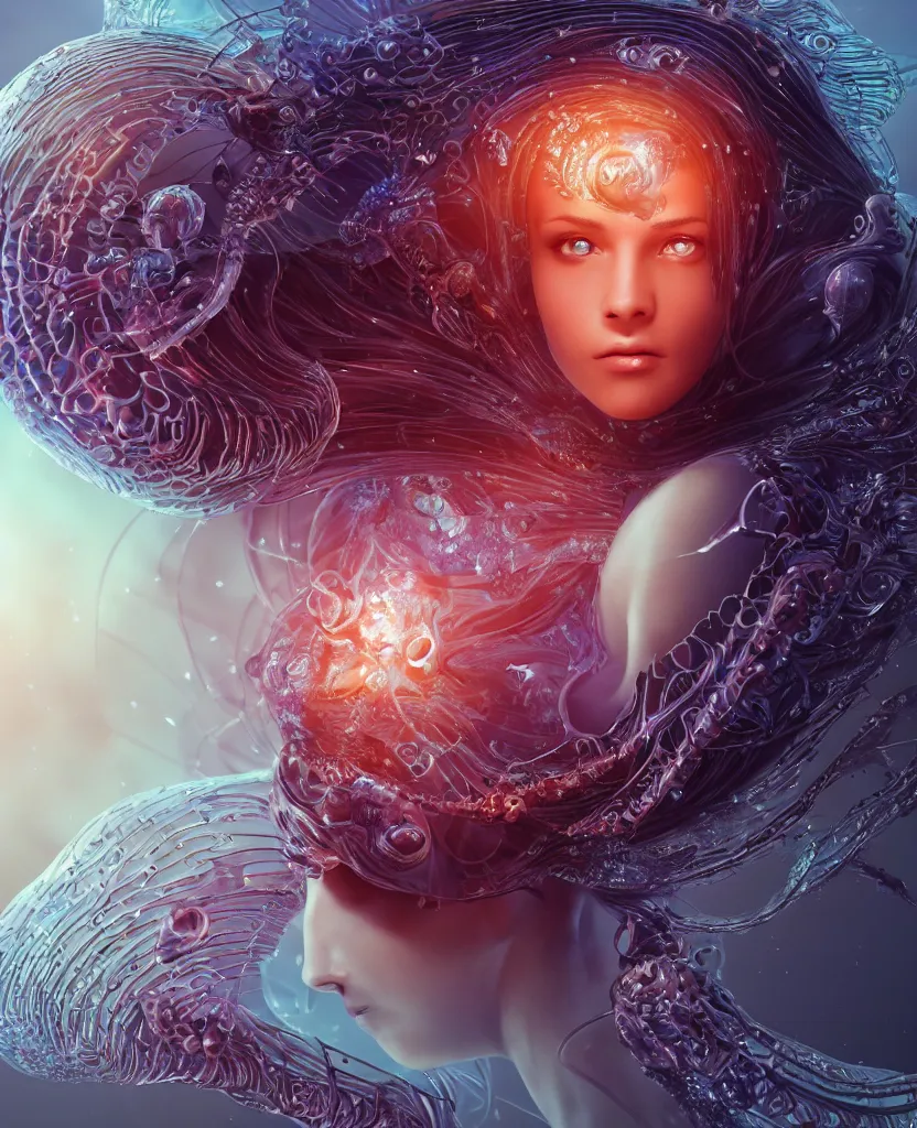 Image similar to close-up macro portrait of the face of a beautiful princess, epic angle and pose, symmetrical artwork, 3d with depth of field, blurred background, cybernetic jellyfish female face skull phoenix bird, translucent, nautilus, energy flows of water and fire. a highly detailed epic cinematic concept art CG render. made in Maya, Blender and Photoshop, octane render, excellent composition, cinematic dystopian brutalist atmosphere, dynamic dramatic cinematic lighting, aesthetic, very inspirational, arthouse. y Greg Rutkowski, Ilya Kuvshinov, WLOP, Stanley Artgerm Lau, Ruan Jia and Fenghua Zhong