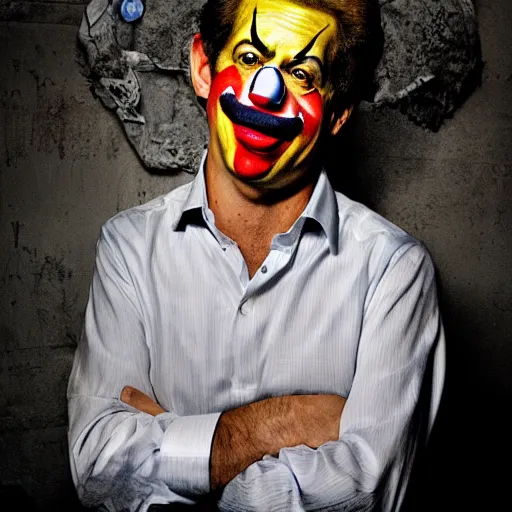 Image similar to uhd candid photo of hunter biden wearing bizarre clown makeup, with accurate face, in an abandoned drug den, uhd, studio lighting, correct face, photo by annie leibovitz