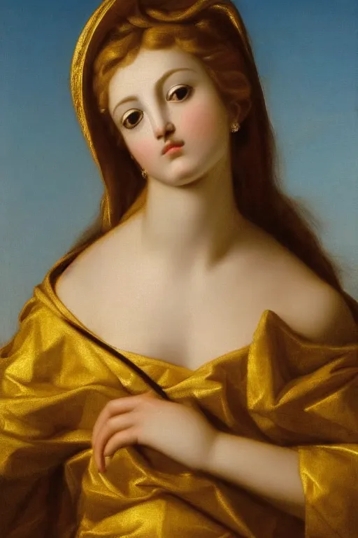 Image similar to Beautiful girl, calm face, closeup, ultra detailed, made in gold, Guido Reni style