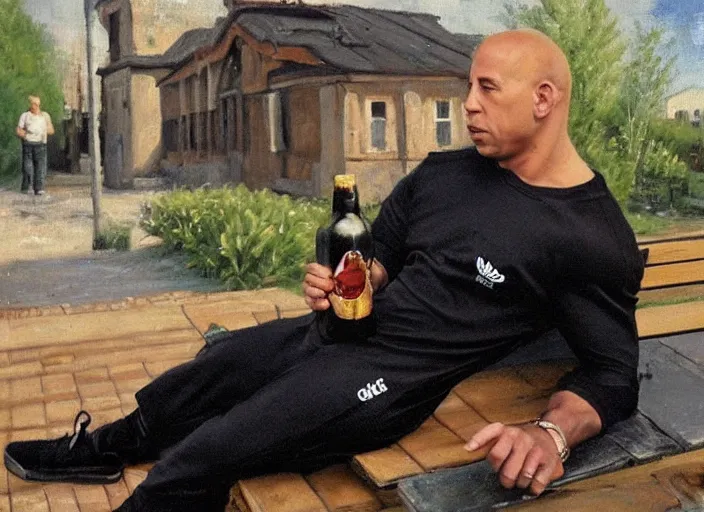 Image similar to vin diesel in black adidas sport costume, as gopnik character, sitting on a bench with a bottle of beer in the courtyard of a provincial russian town, oil on canvas, naturalism