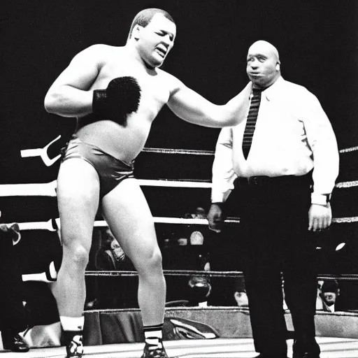 Image similar to maniac marvin mcglory wrestling a bear. madison square garden, 1 9 6 8.