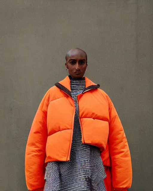 Image similar to a puffy and oversized winter jacket mango fruit jacket, worn by a very thin woman, designed by virgil abloh and wes anderson, photorealistic, modern