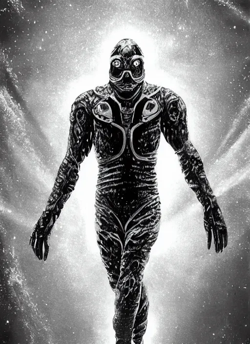 Image similar to astronauts in dark and empty void underwater - complex and hyperdetailed technical suit. reflection and dispersion materials. rays and dispersion of light. volumetric light. 5 0 mm, f / 3 2. noise film photo. flash photography. ultra realistic, wide angle. poster by wayne barlowe, hajime sorayama aaron horkey, craig mullins