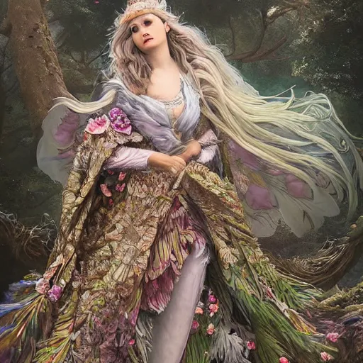 Prompt: queen of forest, wearing a full feathered cloak and a fancy 🌌🌸🌺🏺 floral dress, ornate, ultra realistic, concept art, intricate details, highly detailed, photorealistic, art station, rococo, octane render, 8 k, wlop. art by artgerm and greg rutkowski and charlie bowater and magali villeneuve and gustav