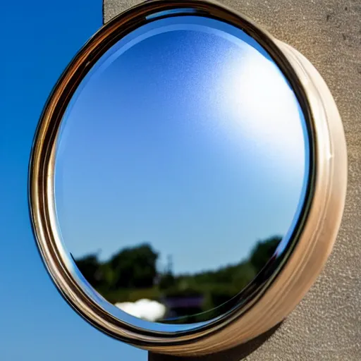 Image similar to beautiful iridescent metal mirror face, smooth, reflections, proud, looking away, outdoor, blue sky, 8 k, realistic, highly detailed, award winning photography