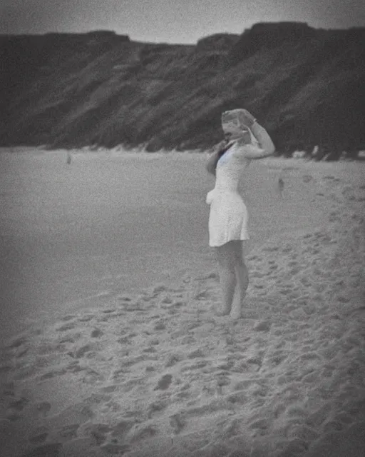 Prompt: “a black and white photograph of a woman on the beach, realistic, vintage, antiqued look, grainy film”
