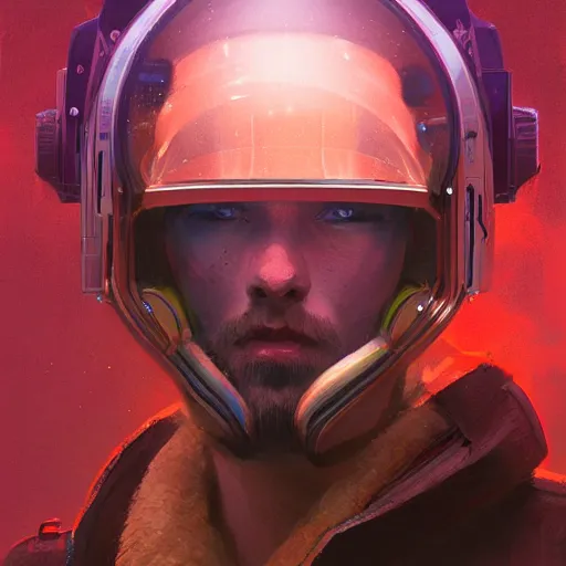 Prompt: a head and shoulders portrait of a space cowboy gay, neon, retro, steampunk, smooth, sharp focus, intricate, artstation, detailed concept art by Marc Simonetti