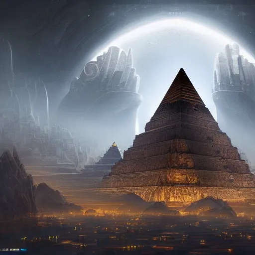 Prompt: Dark giant pyramid at night with thousands tall temples and skyscrapers standing closely with two simmetric moons, dark atmosphere, symmetrical,Mandelbulb 3D fractal, 3D sculpture, thai scripture, structure, tsutomu nihei, Peter mohrbacher,hyper detailed, insane details, intricate, elite, ornate, elegant, luxury, dramatic lighting, artstation, hypermaximalist, golden ratio, octane render, micro details, sense of awe, 8k, ultra HD, unreal, ue5, ultrarealistic, hyperrealistic, hyperrealism, golden ratio composition + dramatic lighting + volumetric light + cinematic lighting + soft contrast + air perspective + artstation + complex + highly detailed + Octane render 8K + ue5