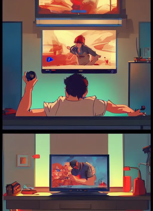 Image similar to video gamecore, gamecore, gamercore pop art of a man playin playstation 5 on his bedroom at night, cinematic perspective, studio ghibli, pop art, trending in artstation, behance, deviantart