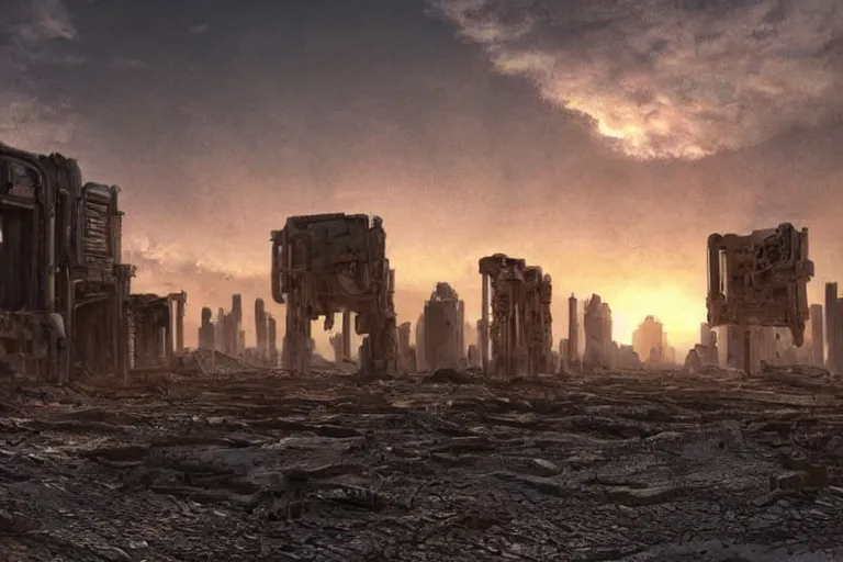 Image similar to intense sun desert landscape futuristic city ruins fallout post apocalyptic