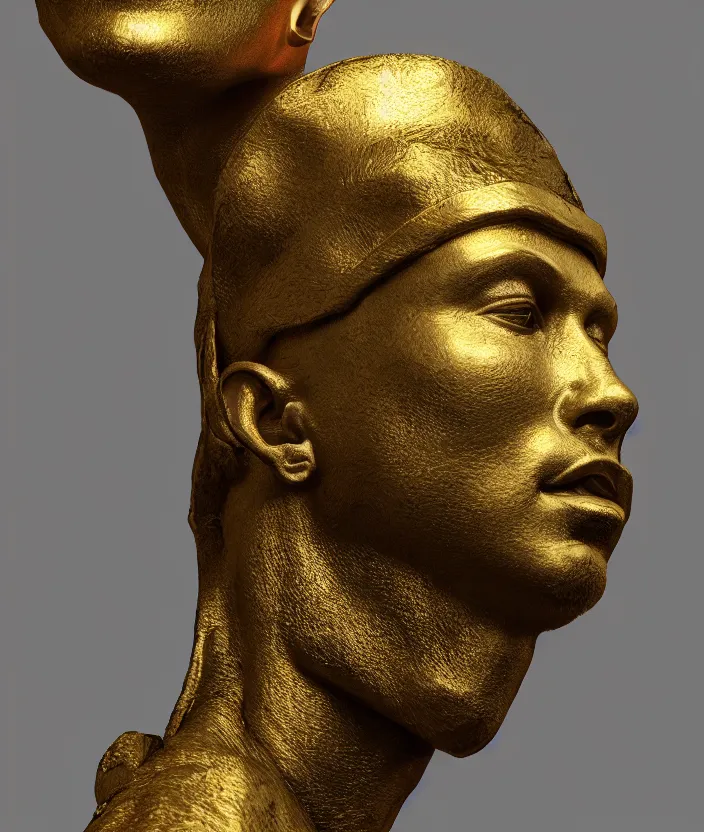 Prompt: a portrait of a stoic statue wearing a neck collar made of gold, cyberpunk, aesthetic, naturel, hyper detailed, digital sculpture, trending in artstation, cinematic lighting, studio quality, smooth render, unreal engine 5 rendered, octane rendered, art style by klimt and nixeu and ian sprigger and wlop and krenz cushart