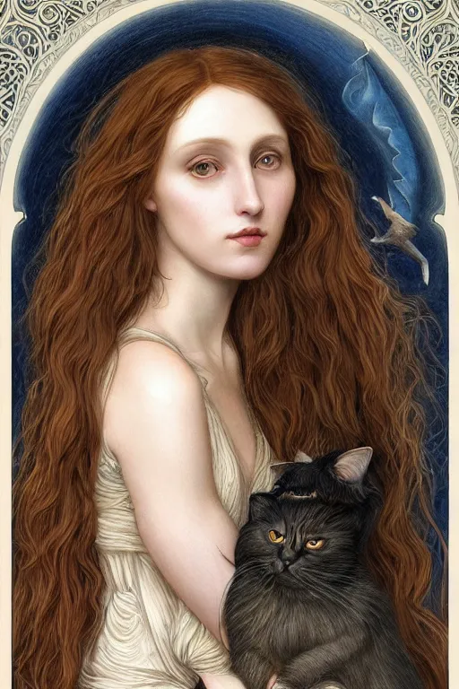 Image similar to A extremely beautiful pre-raphaelite portrait of a cute witch and her cat, surreal, ultradetailed, intricate, elegant, lithe, detailed, digital painting, artstation, concept art, smooth, sharp focus, illustration, ethereal, regal, award winning picture, extremely detailed masterpiece