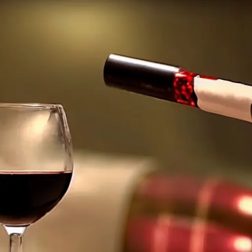 Prompt: slow motion still of a rifle bullet flying through hitting a wine glass