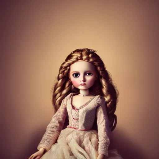 Image similar to masterpiece portrait of an ENCHANTED DOLL by Marina Bychkova, dramatic lighting, 8k