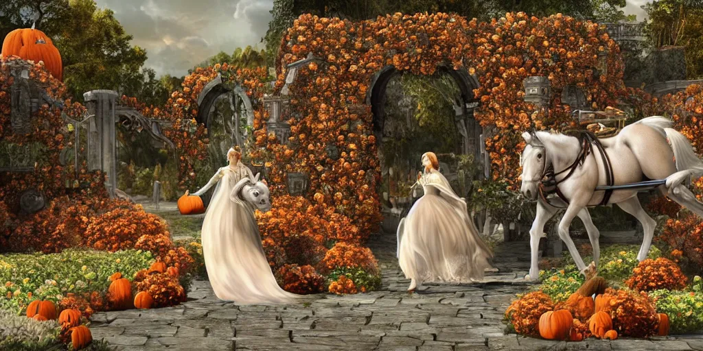Prompt: fairytale princess entering the gates of her majestic palace of flowers with horse carriage made of pumpkins epic scene unreal render hyperrealistic detail Star Wars