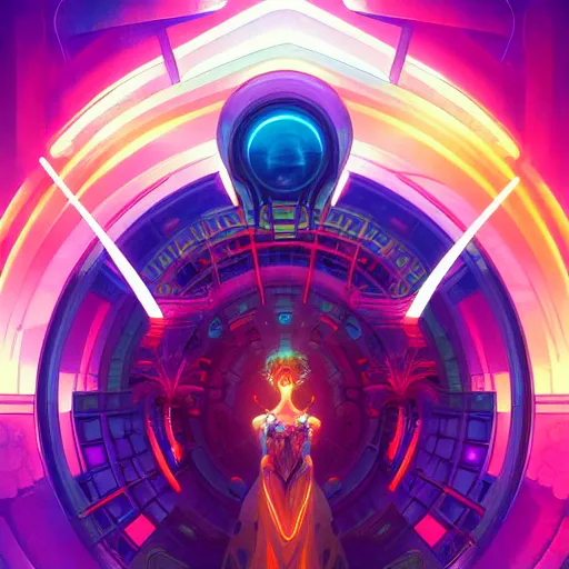 Image similar to a cybernetic temple, vaporwave aesthetic, colorful, psychedelic, digital painting, artstation, concept art, smooth, sharp focus, illustration, art by artgerm and greg rutkowski and alphonse mucha