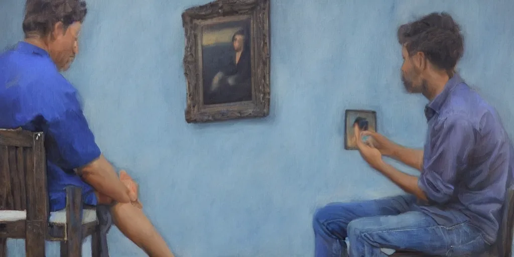 Prompt: only with blue, a man sitting on a bench back facing, looking at a portrait painting on the wall ground insanely quality, highly detailed, masterpiece