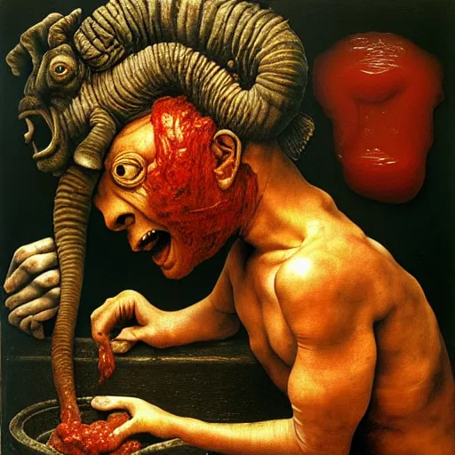 Image similar to a boy like eraserhead and elephant man sitting in a tub full of tomato sauce, looking straight into camera, screaming in desperation, by giuseppe arcimboldo and ambrosius benson, renaissance, fruit, intricate and intense oil paint, a touch of beksinski and hr giger, realistic