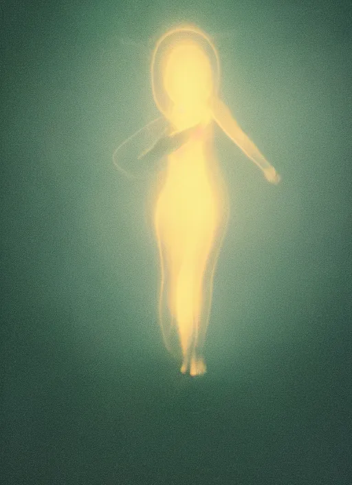 Image similar to female ascending, radiant glowing aura, motion blur, film grain, cinematic lighting, experimental film, shot on 1 6 mm, luminol light