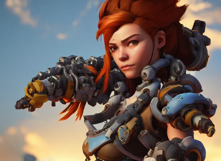 Image similar to one character, overwatch, brigitte, horizon zero dawn, aloy, digital art, high detailed, artstation, octane render