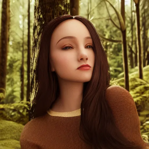 Image similar to real life photo of a beautiful girl, full body photo shoot, long black hair, brown eyes, full round face, short smile, brown sweater, forest setting, cinematic lightning, medium shot, mid - shot, highly detailed, trending on artstation, unreal engine 4 k, 8 0 mm, 8 5 mm, cinematic wallpaper