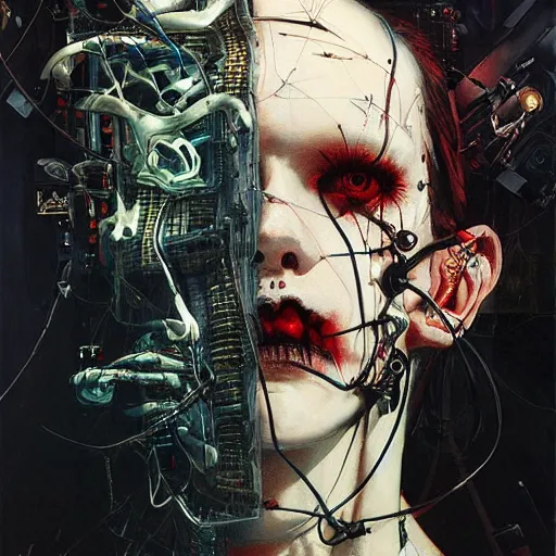 Image similar to in a dark room, a male cyberpunk hacker, skulls, wires cybernetic implants, machine noir steelpunk grimcore, in the style of adrian ghenie esao andrews jenny saville surrealism dark art by james jean takato yamamoto and by ashley wood