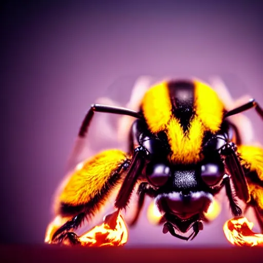 Image similar to still photo of bumblebee with fire in its eyes, insect photography, highly detailed, photorealistic portrait, bright studio setting, studio lighting, crisp quality and light reflections, unreal engine 5 quality render