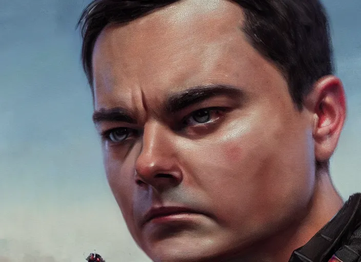 Prompt: close up cinematic artwork of Ben shapiro staring down the enemy on the battlefield by Greg Rutkowski, 4k, masterpiece