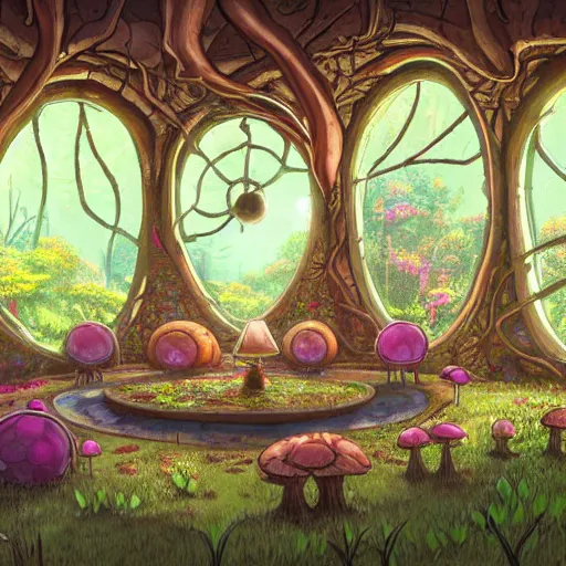 Image similar to concept art painting of a interior of a cozy alien fantasy cottage made of mushrooms and fungus, circular windows, with black vines and magenta houseplants, realistic, detailed, cel shaded, dark, in the style of makoto shinkai and greg rutkowski and james gurney