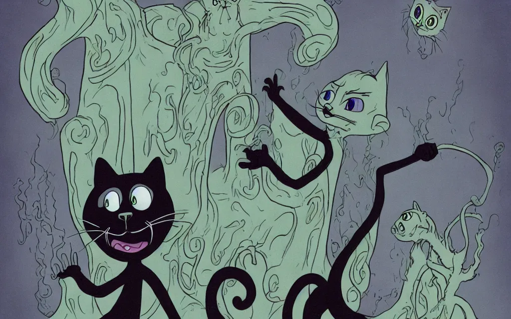 Prompt: a black eldritch cat threatening, hermaeus mora, disney cartoon, Aristocats