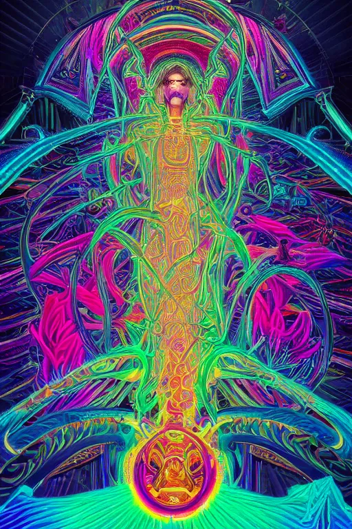 Image similar to a detailed digital neon illustration of the burningman effigit in the style of Alex Grey, lisa frank, beeple, dan mumford. maya render, trending on artstation, greg rutkowski very coherent symmetrical artwork, psychedelic, fantasy, 8k, ornate, intricate, symmetry, cinematic, hyper realism, high detail, octane render, 8k, iridescent accents